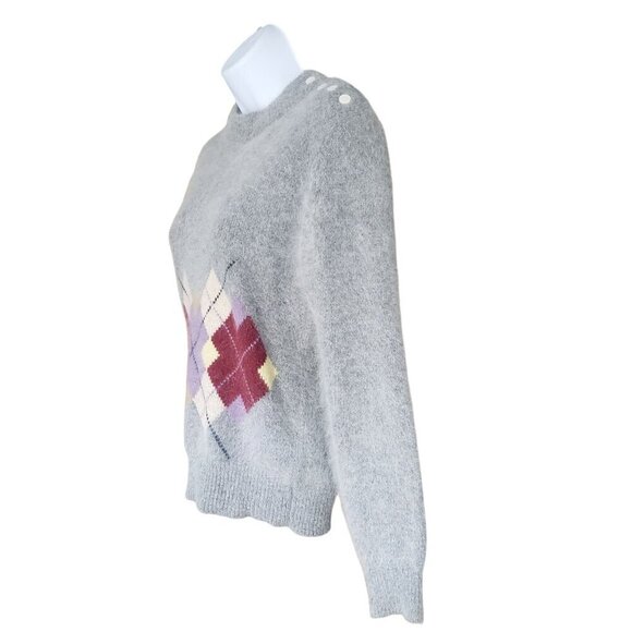 Vintage 1980 Filene's SM Lambswool Angora Argyle Sweater Shoulder Buttons Preppy - Picture 6 of 13